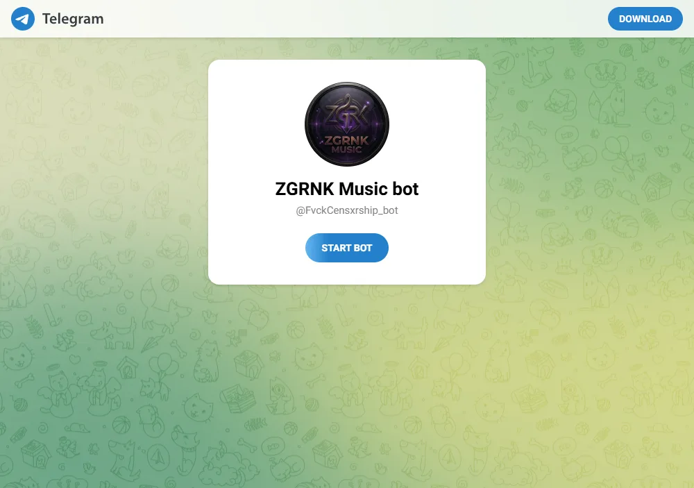 Публичная страница Telegram-бота ZGRNK Music — карточка с названием и кнопкой запуска